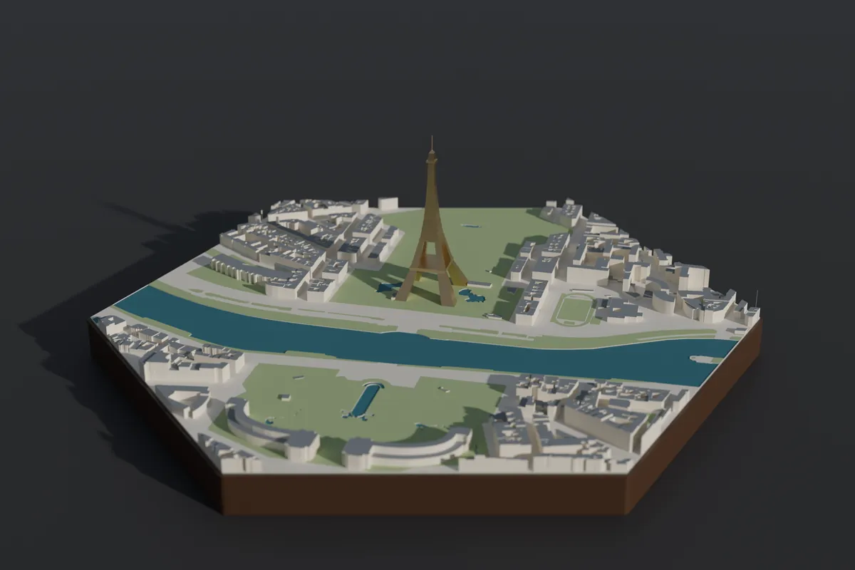 Zeshoekig 3D-model van Parijs rond de Eiffeltoren en de Seine