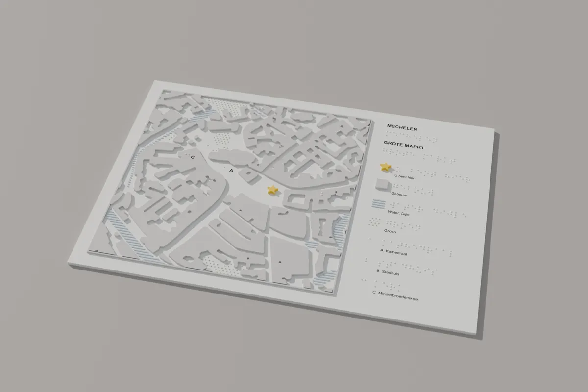 Witte 3D-geprinte tastbare kaart van de Grote Markt van Mechelen met braille