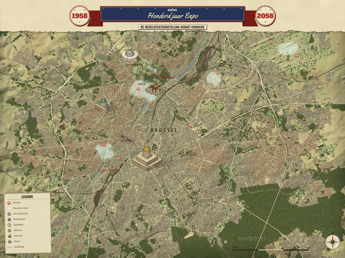Geschilderde regiokaart van Brussel in retro-futuristische stijl, met het Justitiepaleis, het Zoniënwoud, besmette zones en een banner Honderd jaar Expo 1958–2058