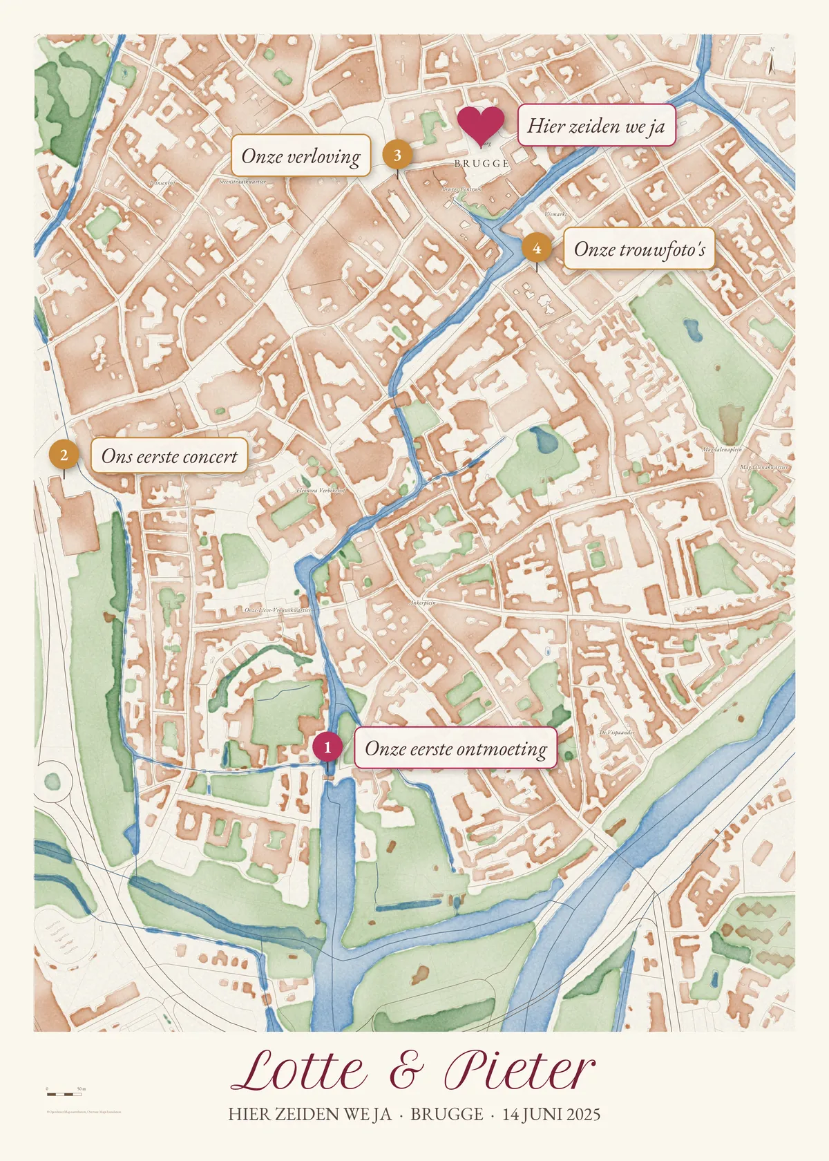 Aquarelkaart van Brugge met een hartje op het stadhuis en genummerde plekjes van een liefdesverhaal