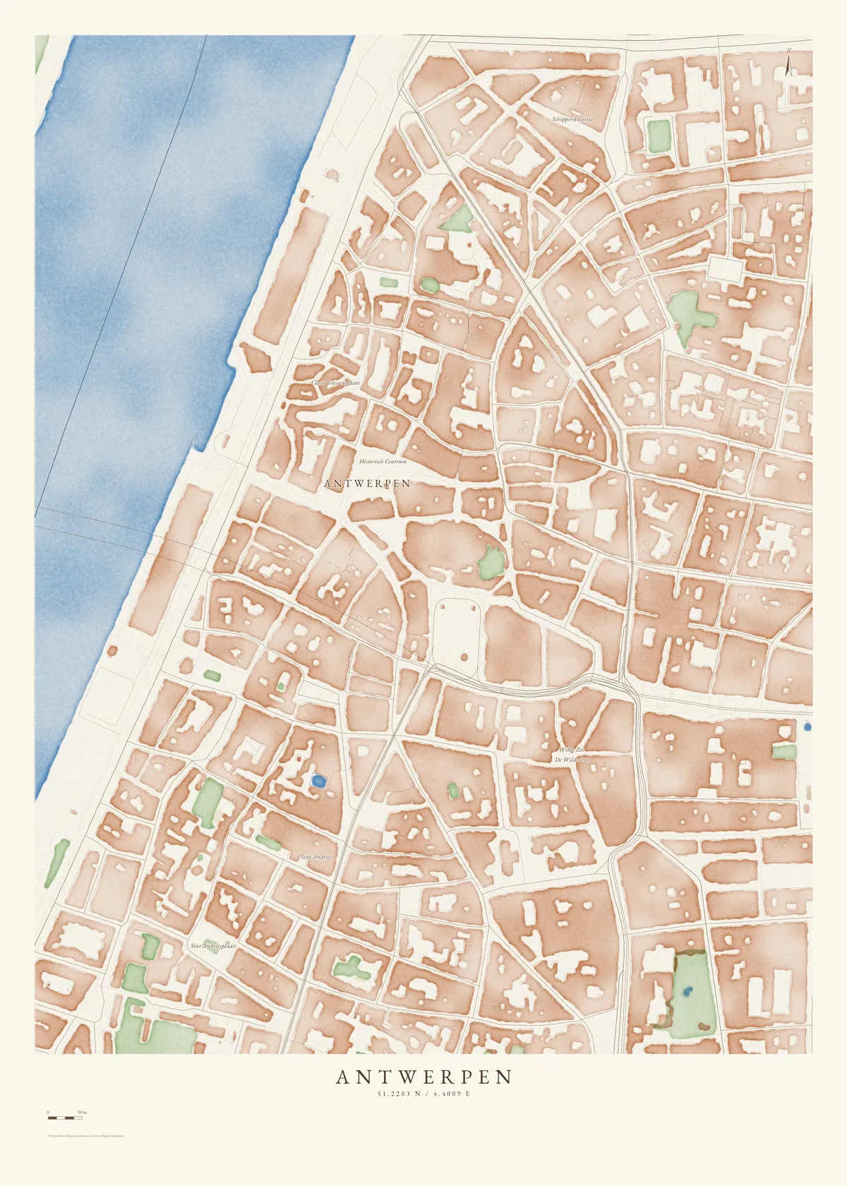 Kaart van Antwerpen in aquarelstijl