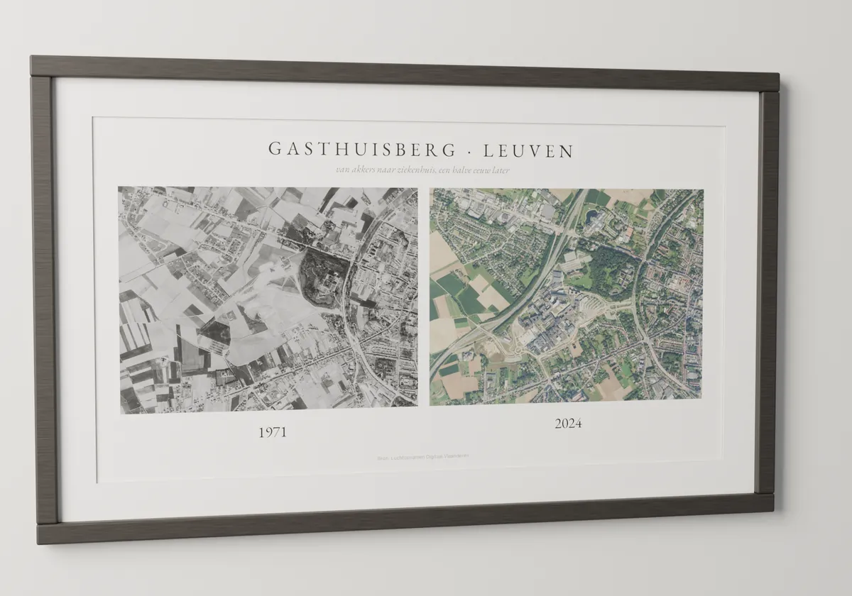 Ingekaderde print: Luchtfoto van Gasthuisberg in Leuven, 1971 en 2024 naast elkaar