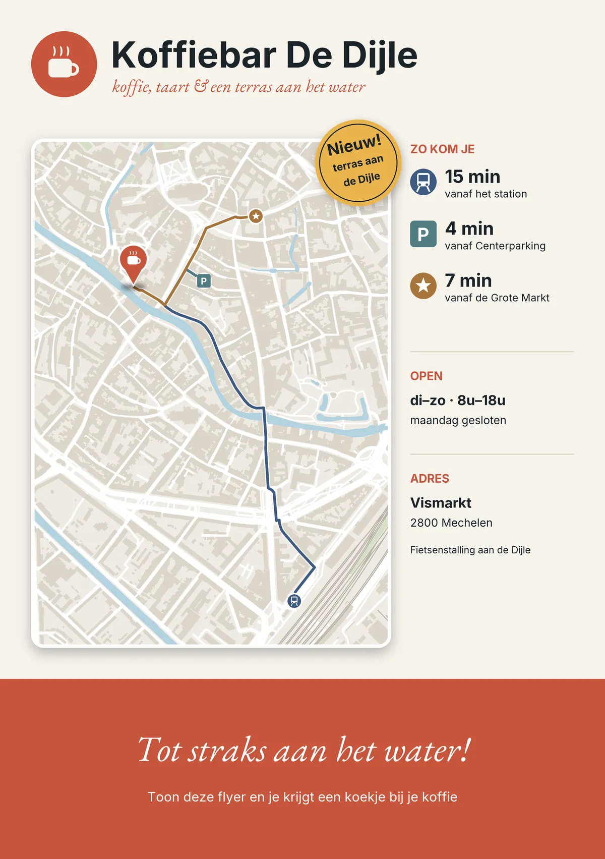 A5-flyer van een koffiebar met een kaart van Mechelen, wandelroutes vanaf het station, de parking en de Grote Markt, openingsuren en adres